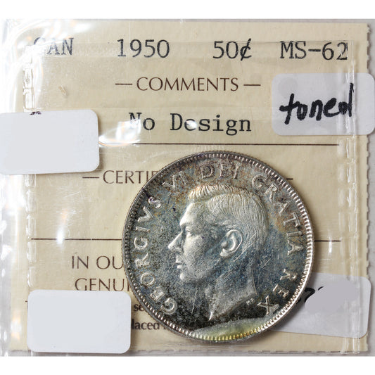 1950 No Design Canada 50-cents ICCS Certified MS62 (Toned)