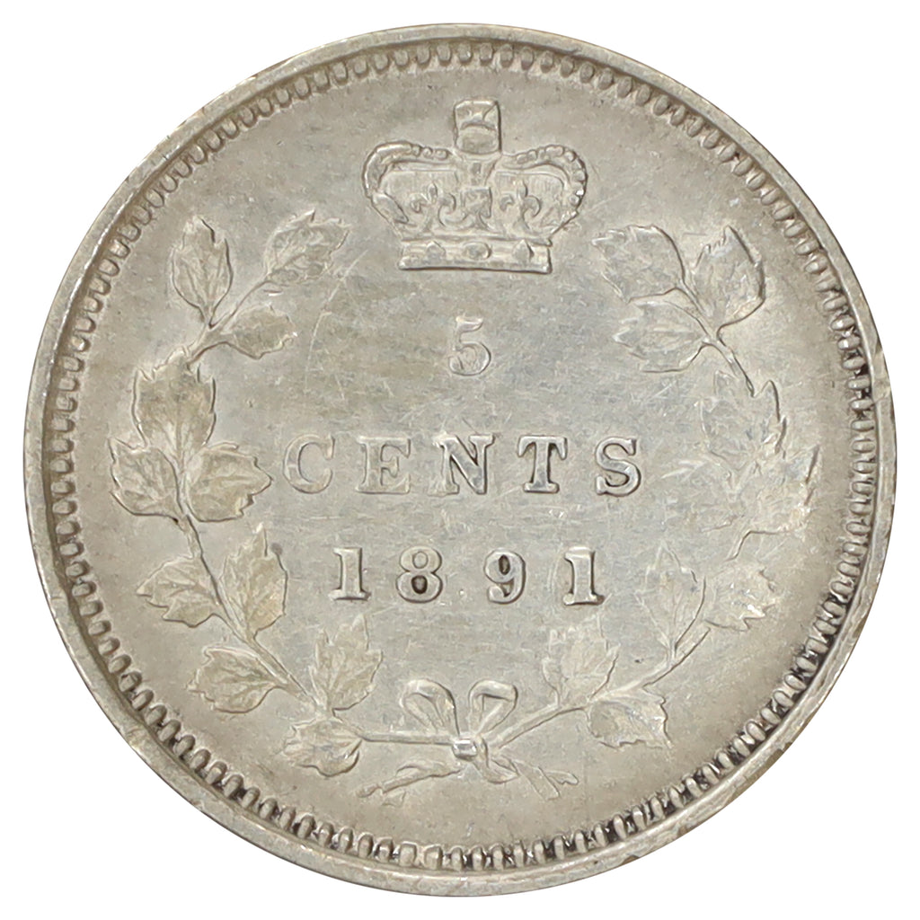 1891 Obv. 2 Canada 5-cents EF-AU (EF45) Scratched, marks, or impaired