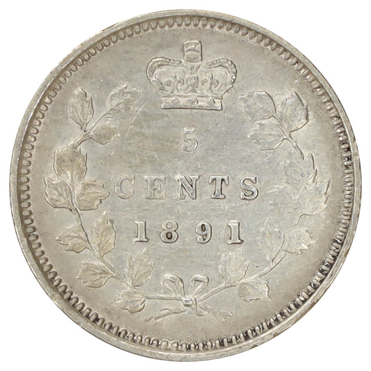 1891 Obv. 2 Canada 5-cents EF-AU (EF45) Scratched, marks, or impaired