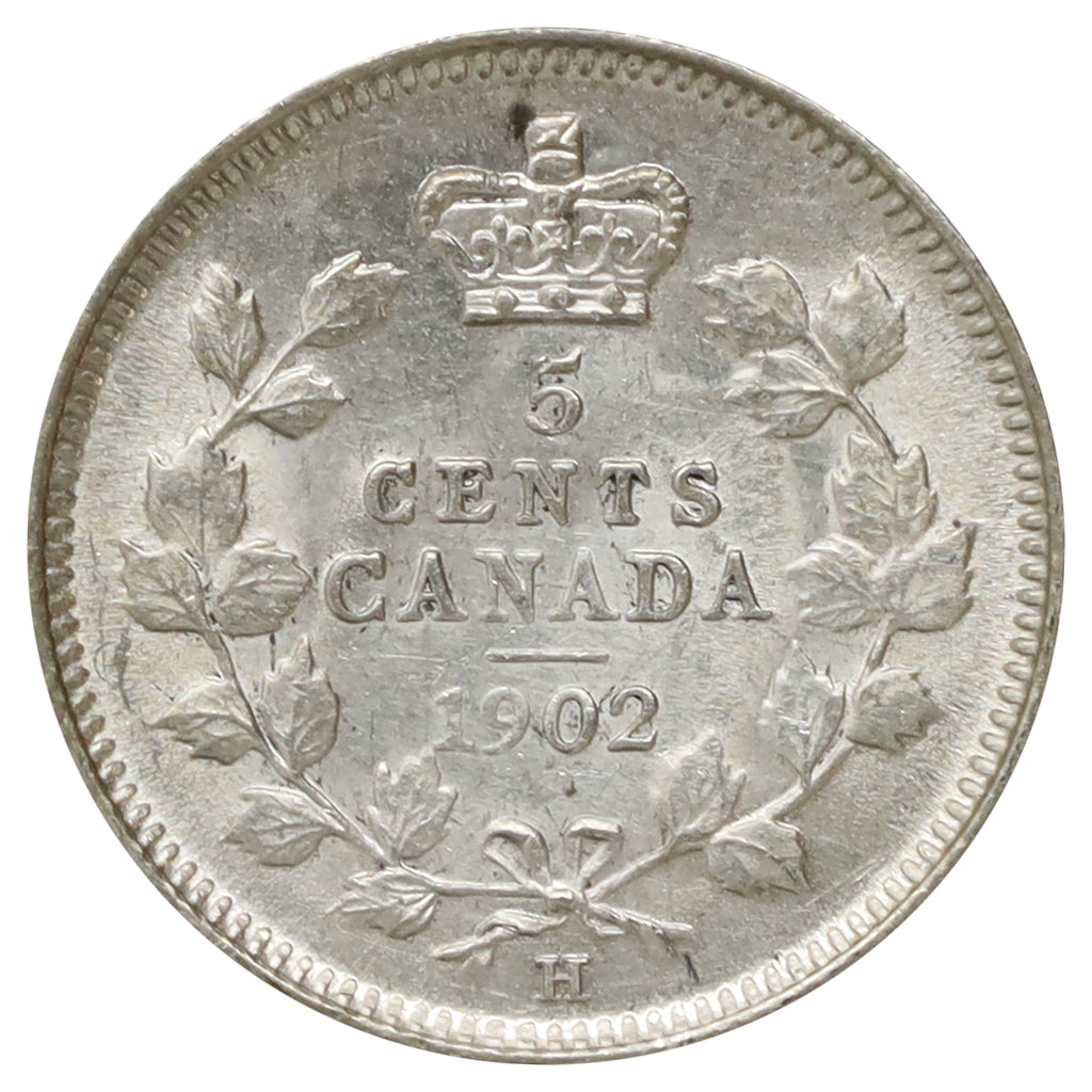 1902H Large H Canada 5-cents UNC+ (MS62) Scratched, marks, or impaired