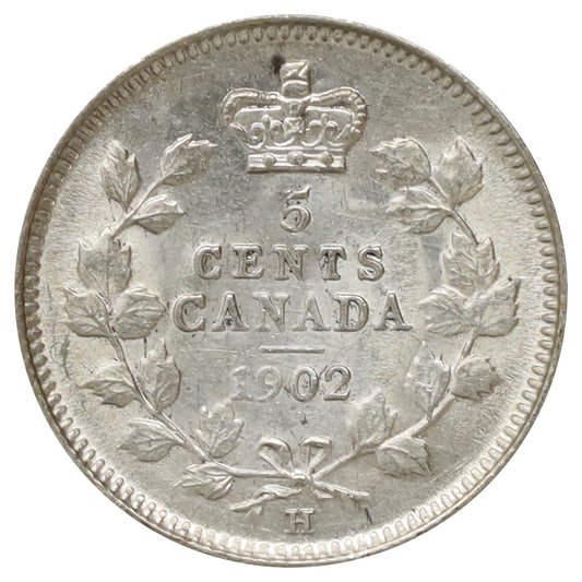 1902H Large H Canada 5-cents UNC+ (MS62) Scratched, marks, or impaired