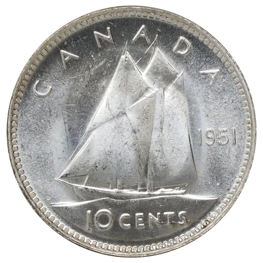 1951 Canada 10-cents Brilliant Uncirculated (MS63) Scratched, marks, or impaired