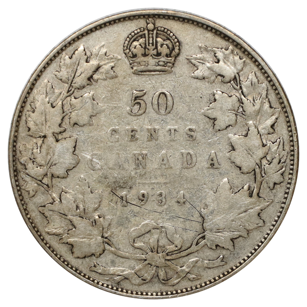 1934 Canada 50-cents Very Good (VG8) Scratched, marks, or impaired
