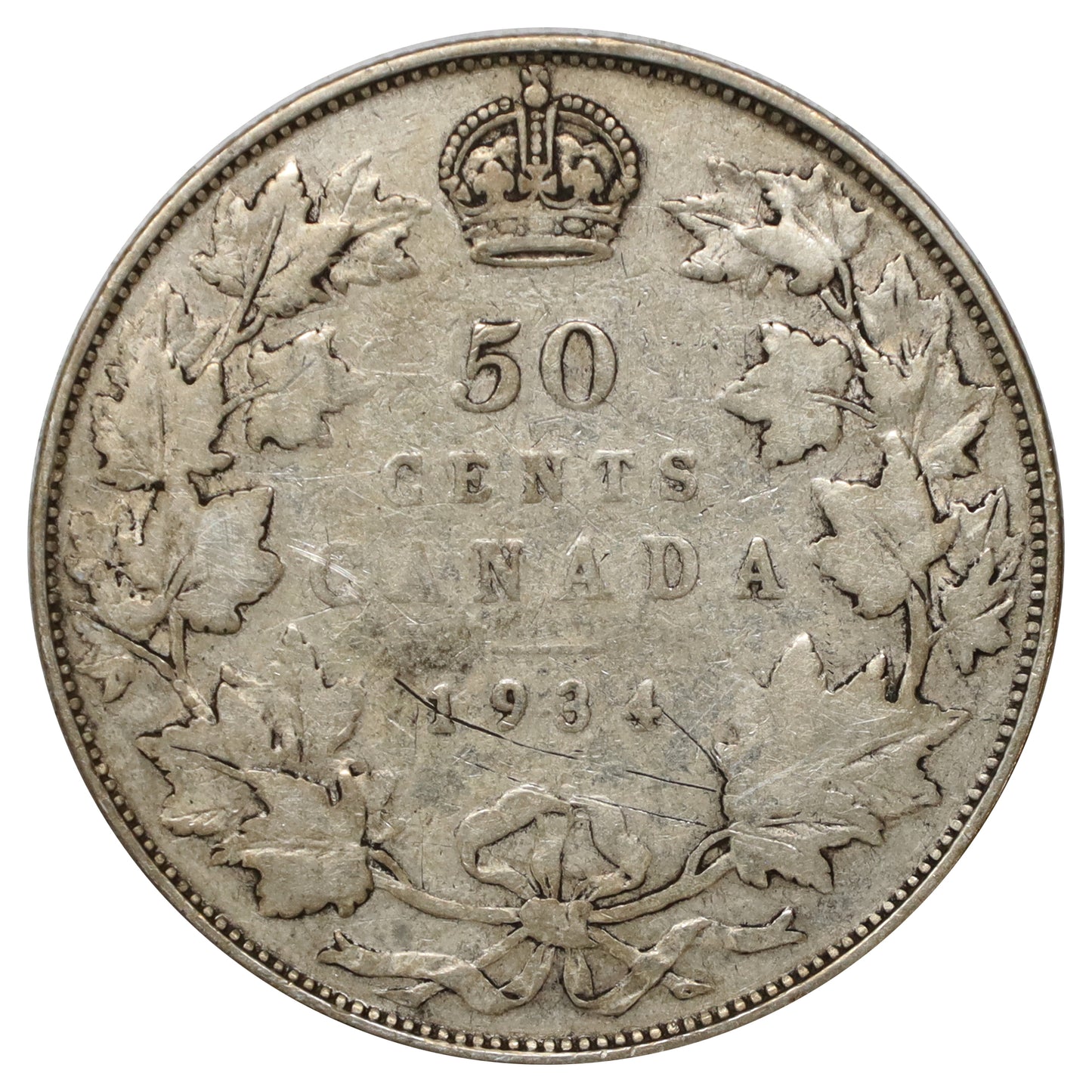 1934 Canada 50-cents Very Good (VG8) Scratched, marks, or impaired