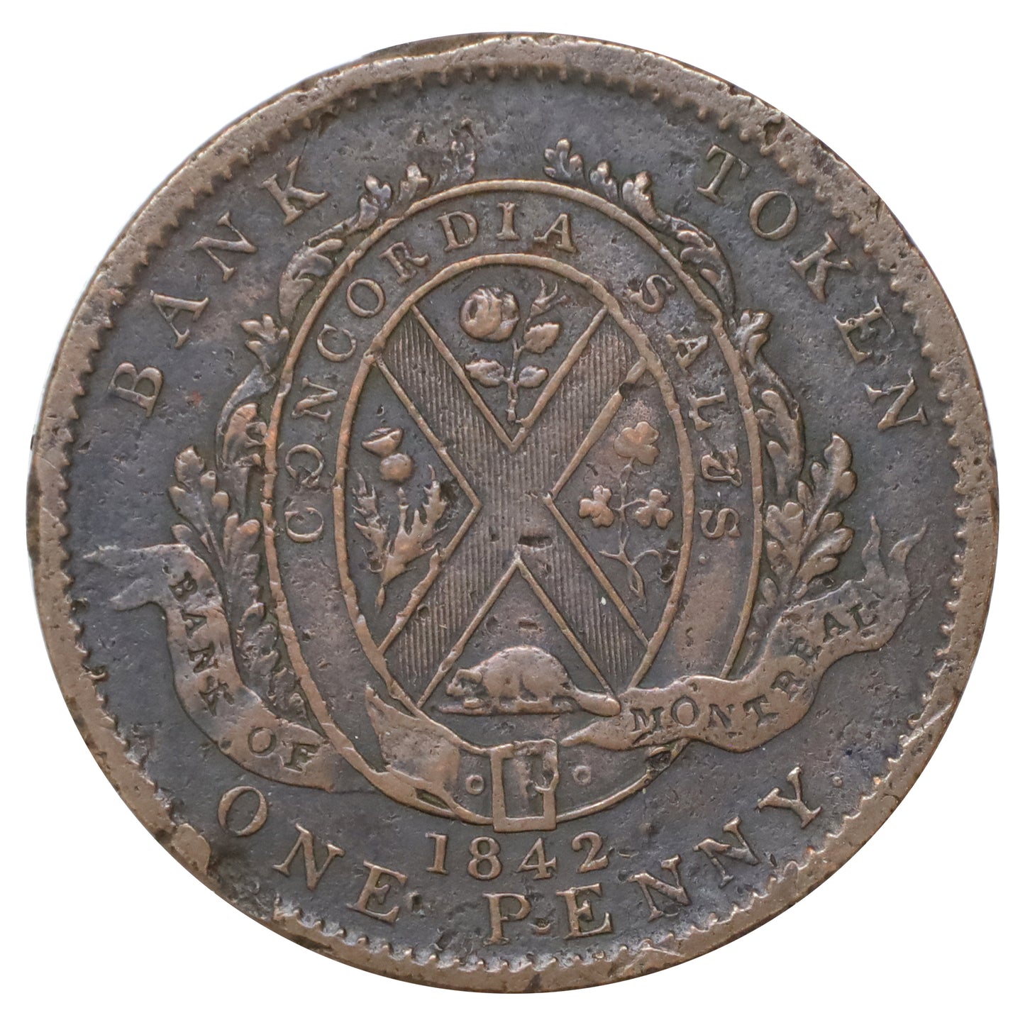 PC-2B 1842 Province of Canada Bank of Montreal Penny Token Very Fine (VF20) Impaired