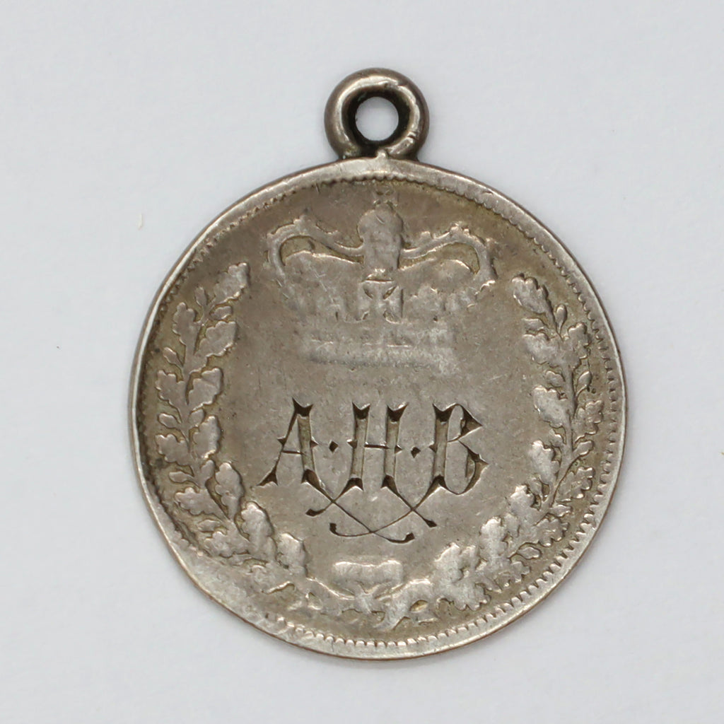 Love Token Charm Struck on Victorian Silver 5-cent Coin: Initials "AHB" Fine (F12)
