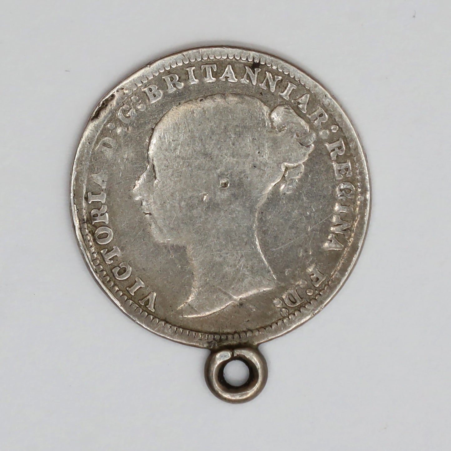Love Token Charm Struck on Victorian Silver 5-cent Coin: Initials "AHB" Fine (F12)