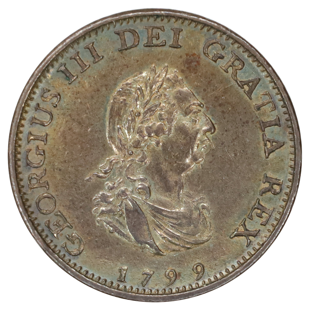 Great Britain 1799 George III Farthing AU-UNC (AU55) Toned