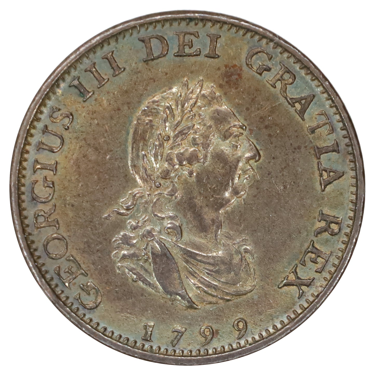 Great Britain 1799 George III Farthing AU-UNC (AU55) Toned