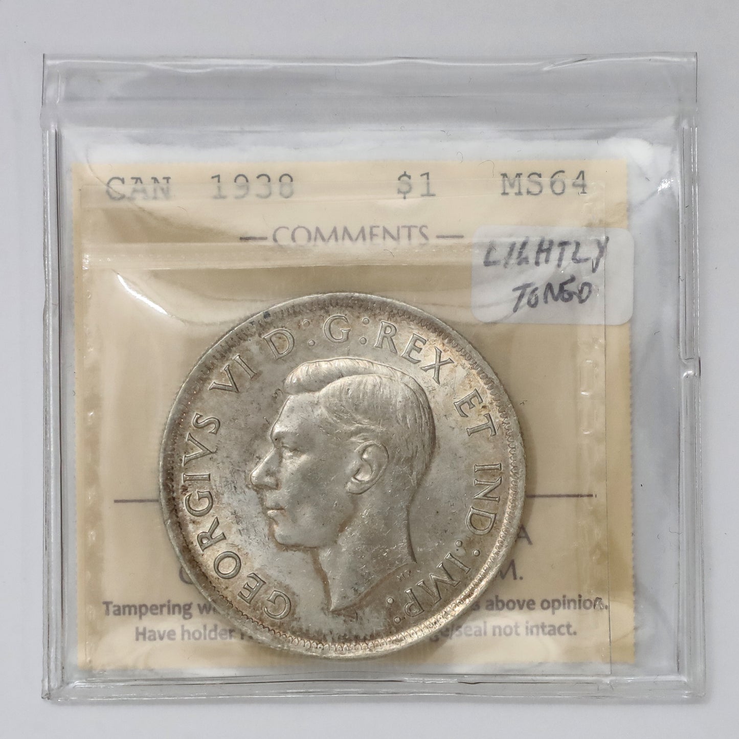 1938 Canada Dollar ICCS Certified MS64 (Lightly Toned)