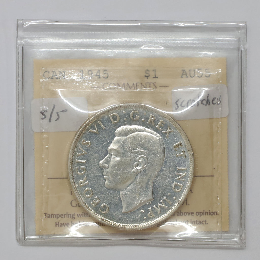 1945 5 Over 5 Canada Dollar ICCS Certified AU55 (Scratches)