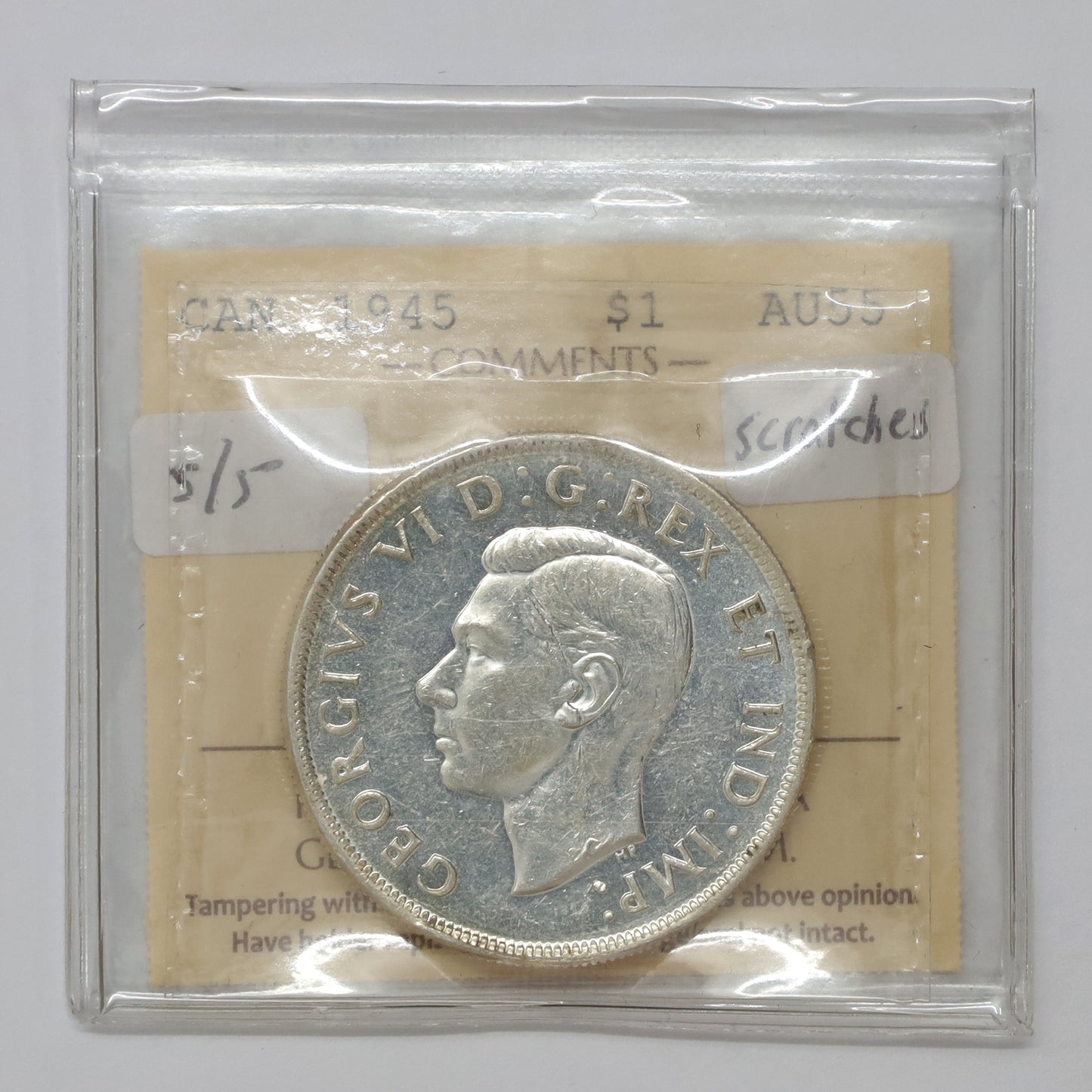 1945 5 Over 5 Canada Dollar ICCS Certified AU55 (Scratches)