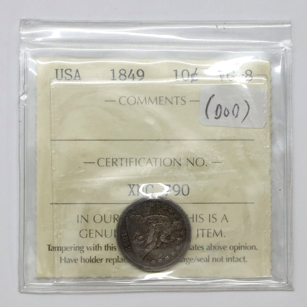 1849 USA Dime ICCS Certified VG8 (DOD)