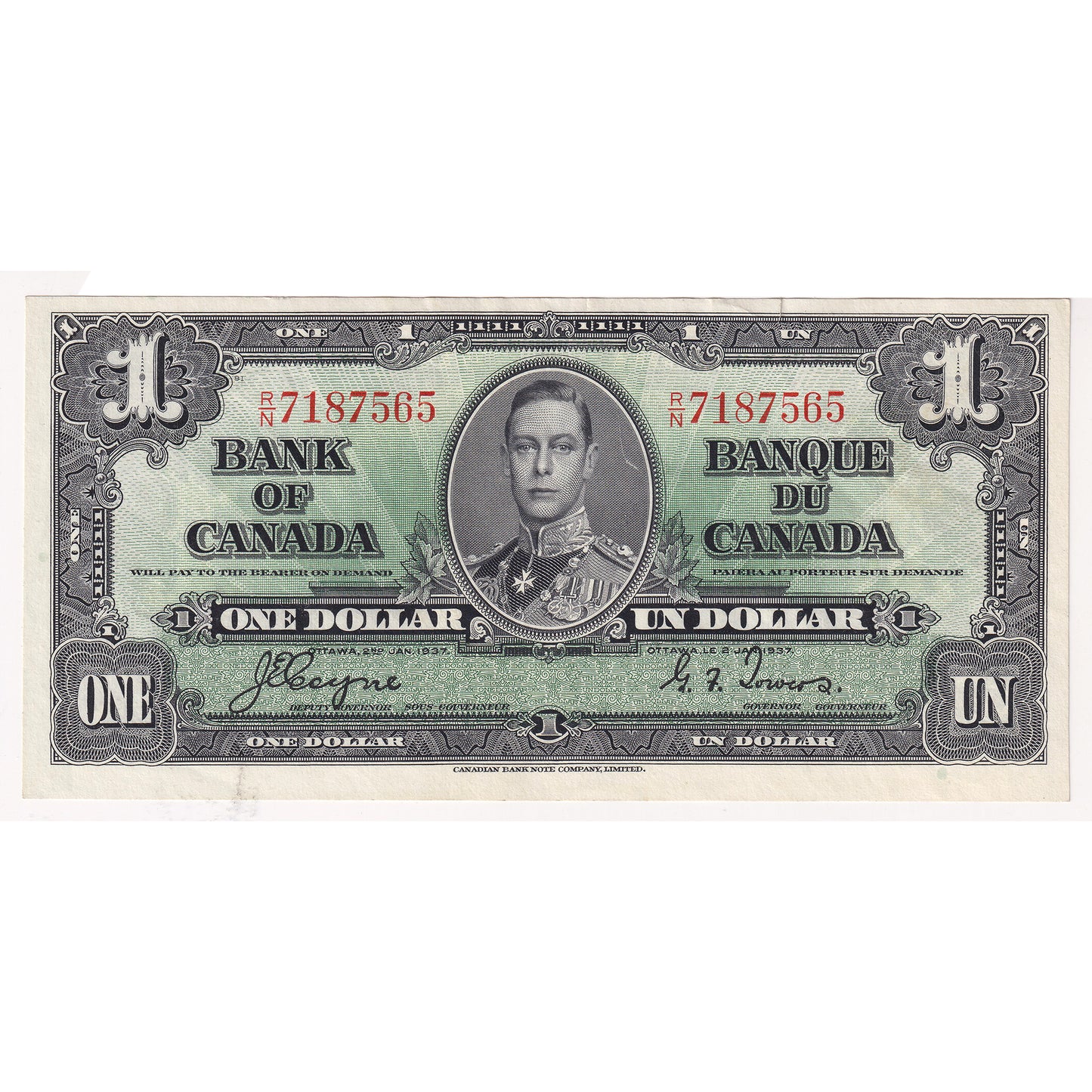 BC-21d 1937 Canada $1 Coyne-Towers R/N, Almost Uncirculated (AU50) tear