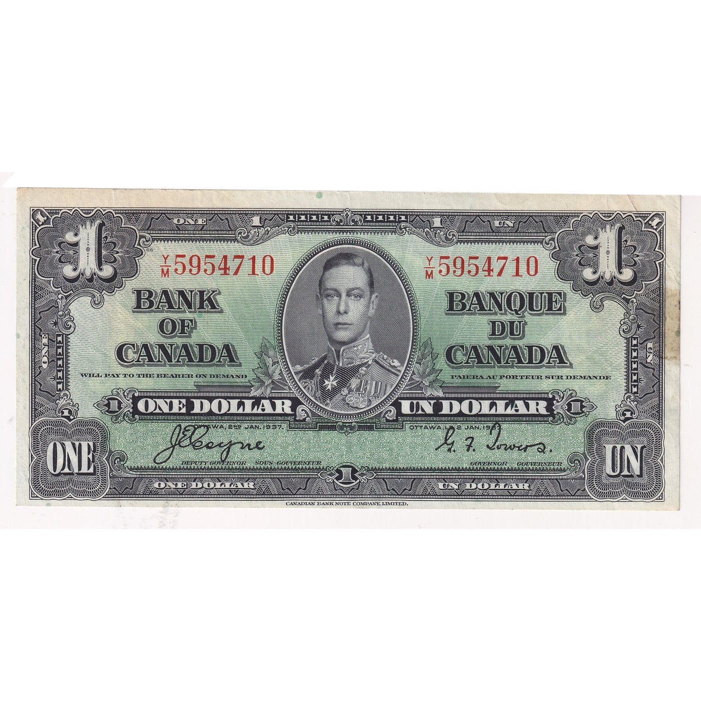 BC-21d 1937 Canada $1 Coyne-Towers, Y/M, Almost Uncirculated (AU50) stain