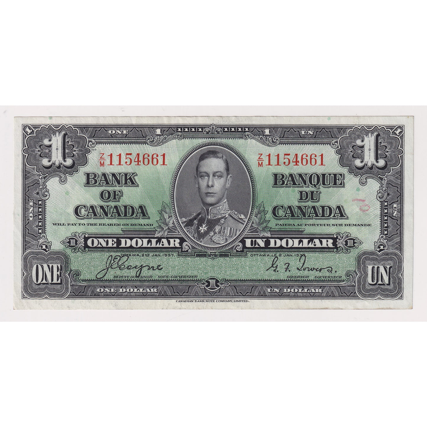 BC-21d 1937 Canada $1 Coyne-Towers, Z/M, Extra Fine (EF40) writing