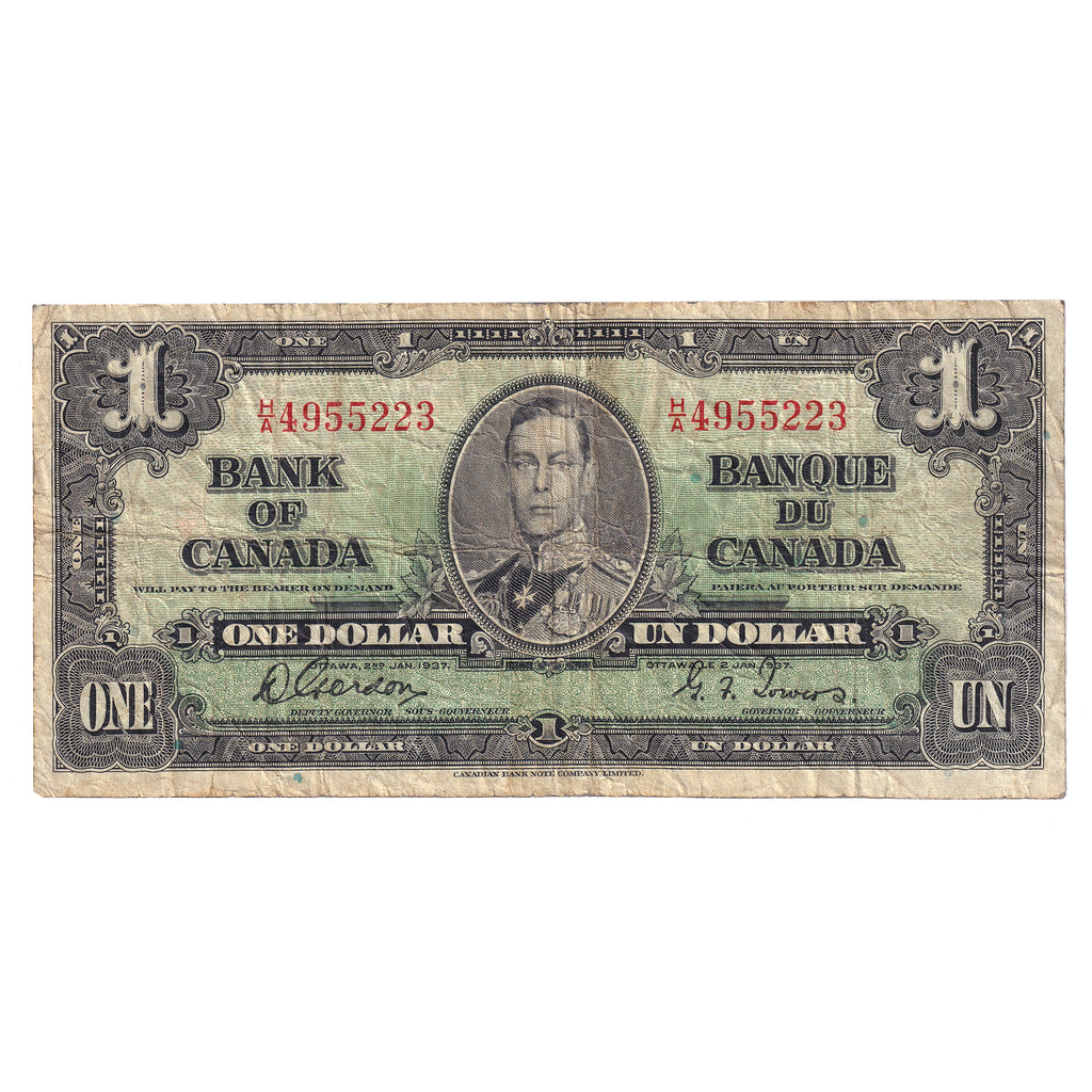 BC-21b 1937 Canada $1 Gordon-Towers, Narrow Panel, H/A, Fine (F12) stains