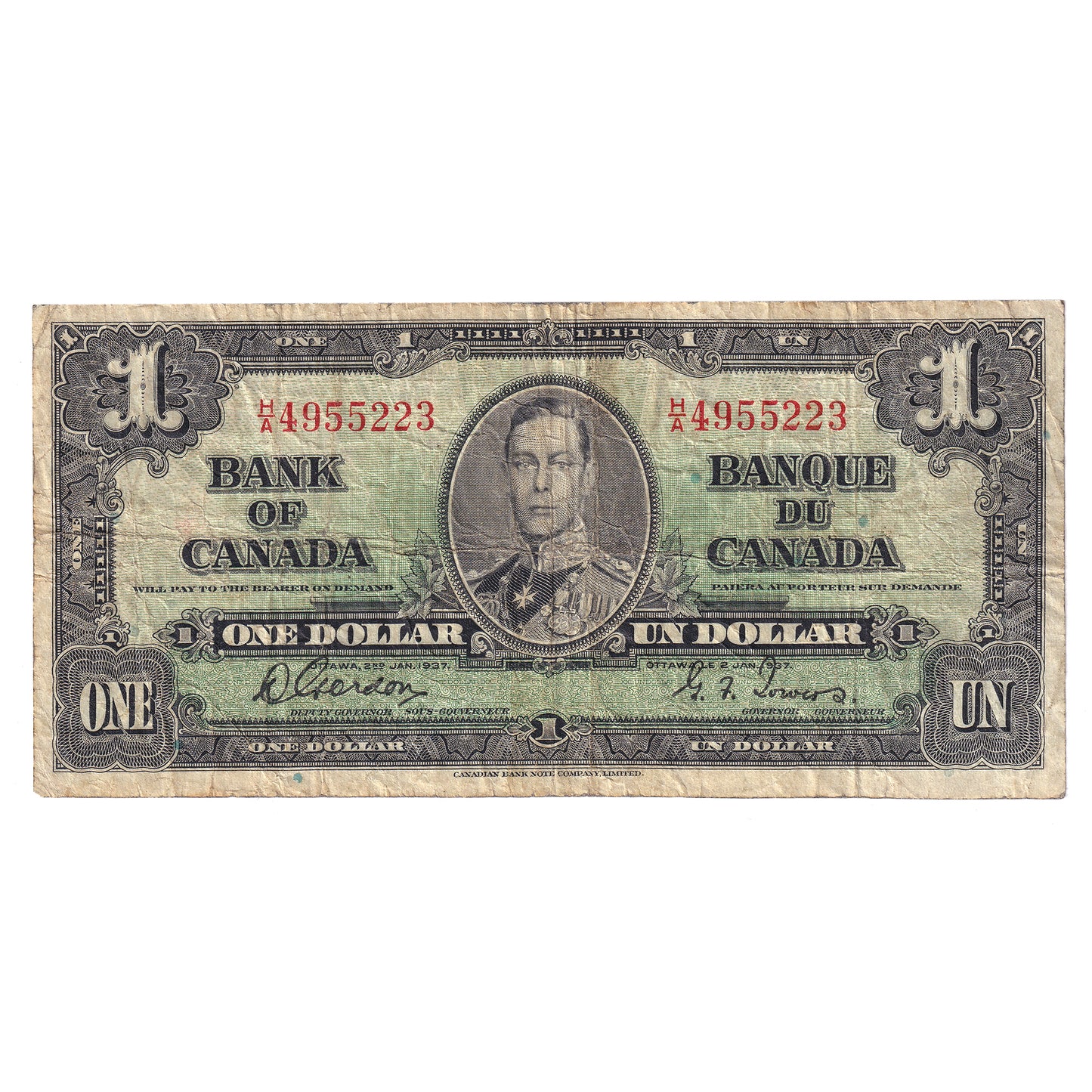 BC-21b 1937 Canada $1 Gordon-Towers, Narrow Panel, H/A, Fine (F12) stains