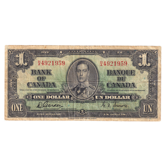 BC-21b 1937 Canada $1 Gordon-Towers, Narrow Panel, H/A, Very Fine (VF20) writing