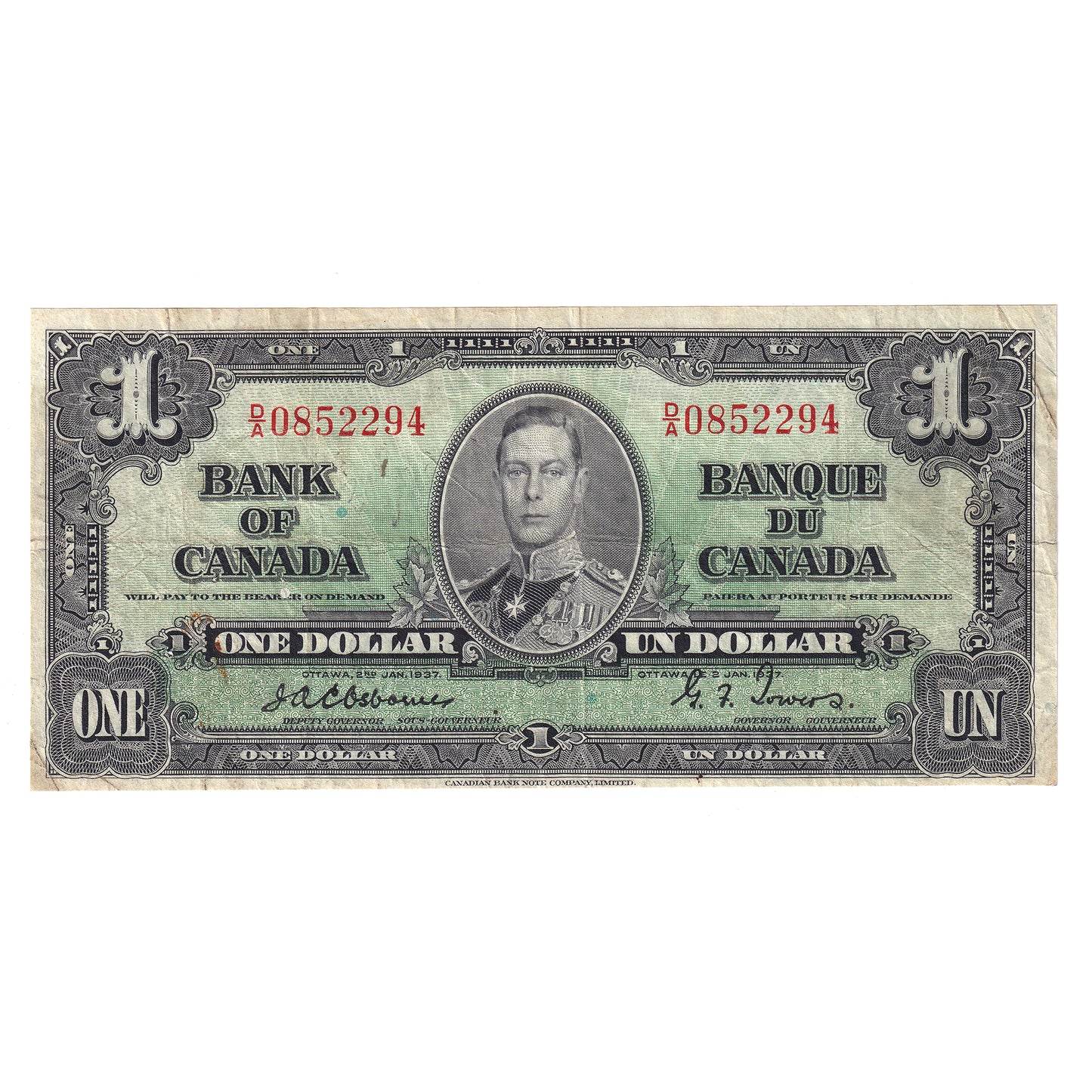 BC-21a 1937 Canada $1 Osborne-Towers, D/A, F-VF (F15) trimmed