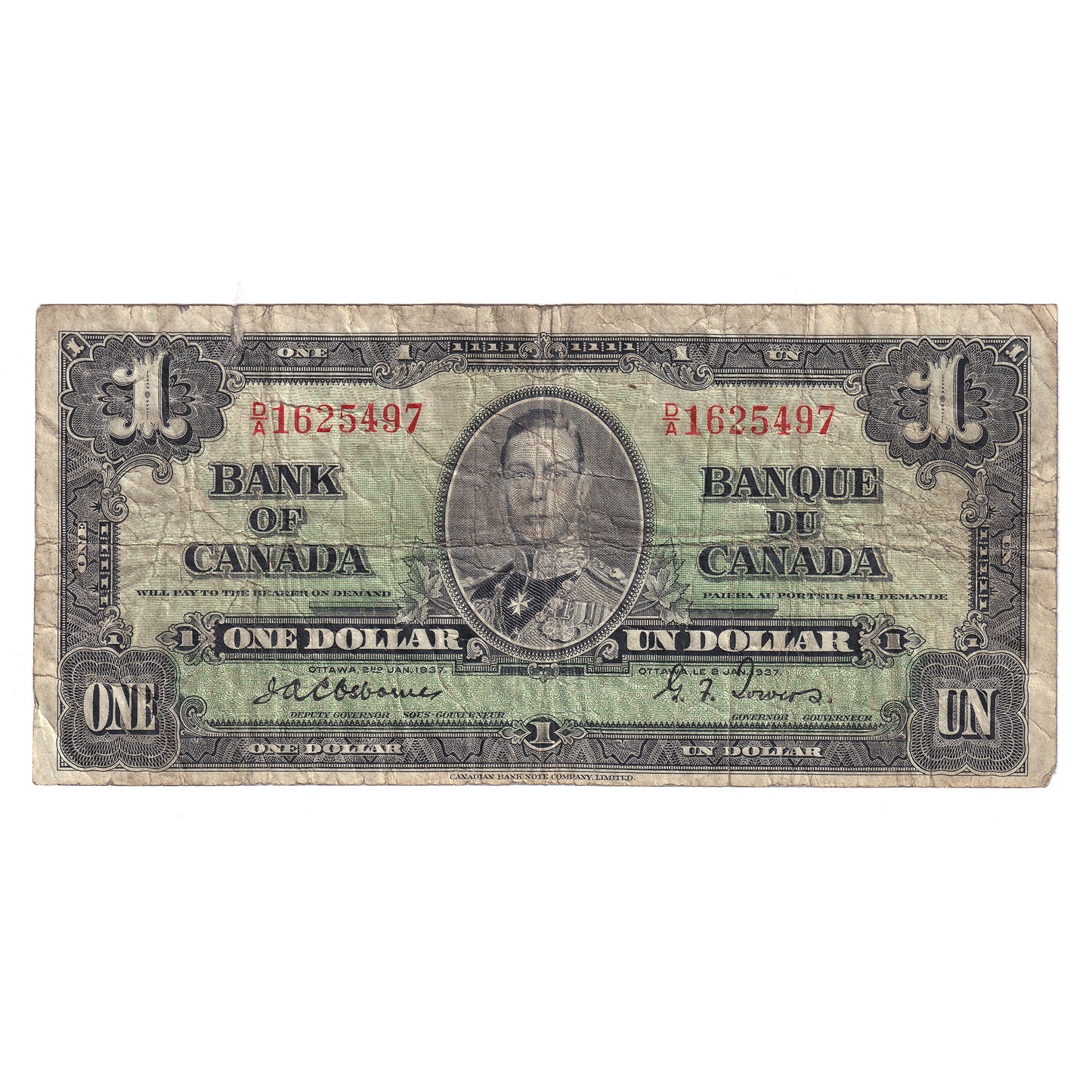 BC-21a 1937 Canada $1 Osborne-Towers, D/A, VG-F (VG10) tear