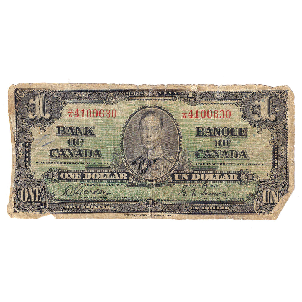 BC-21b 1937 Canada $1 Gordon-Towers, Narrow Panel, H/A, Circulated (DOP)