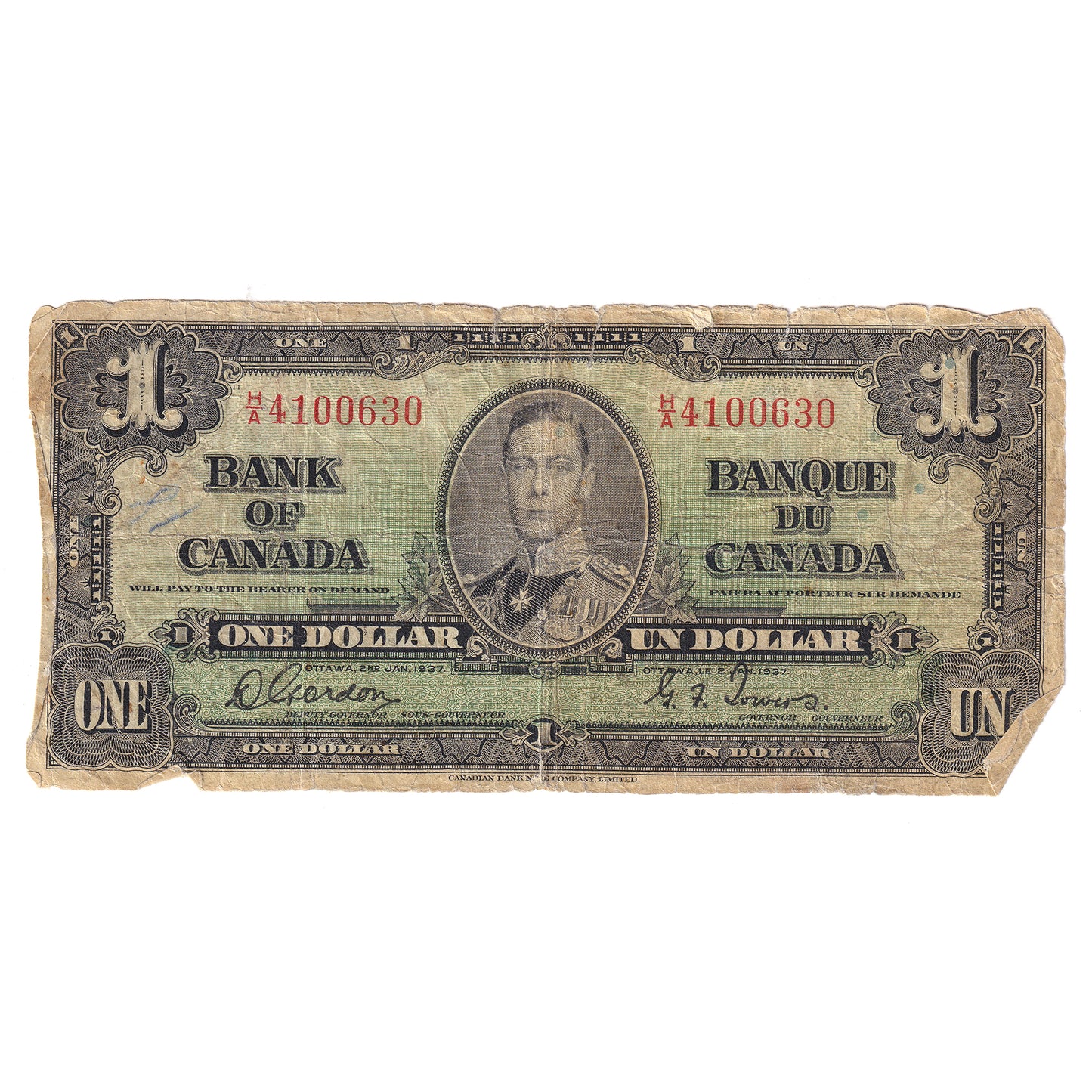 BC-21b 1937 Canada $1 Gordon-Towers, Narrow Panel, H/A, Circulated (DOP)
