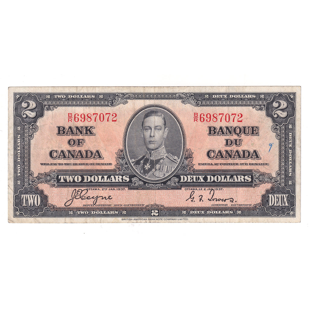 BC-22c 1937 Canada $2 Coyne-Towers, Various Prefixes, F-VF (F15) writing or impaired