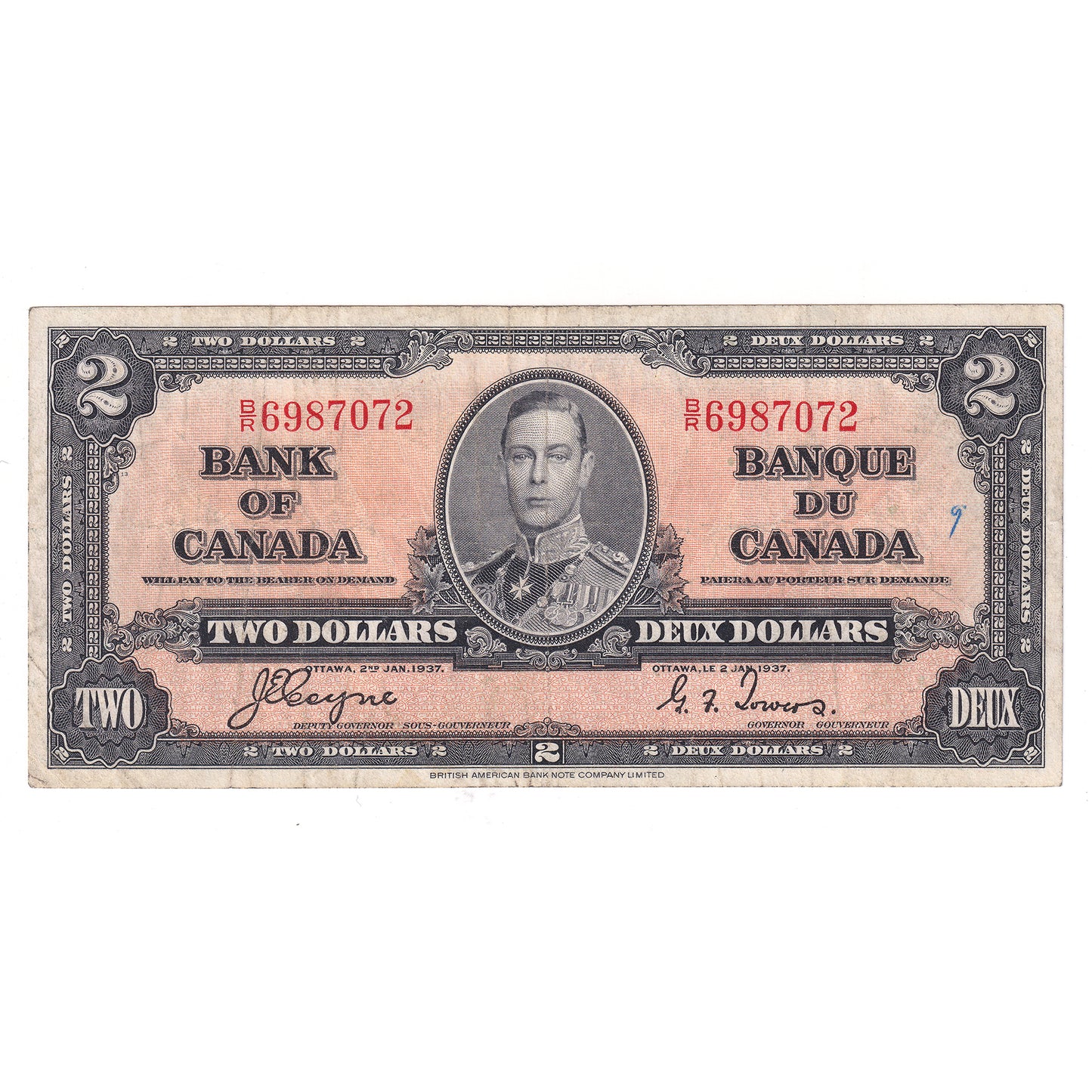 BC-22c 1937 Canada $2 Coyne-Towers, Various Prefixes, F-VF (F15) writing or impaired
