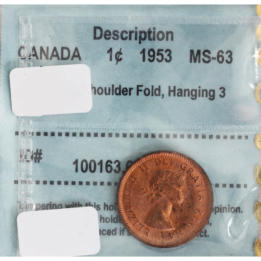 1953 NSF Hanging 3 Canada 1-cent CCCS Cert. MS-63