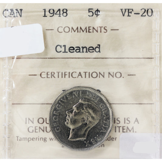 1948 Canada 5-cents ICCS Cert. VF20 Cleaned