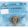 1964 Mortar on T of Elizabeth Canada 5-cents CCCS Cert. MS62