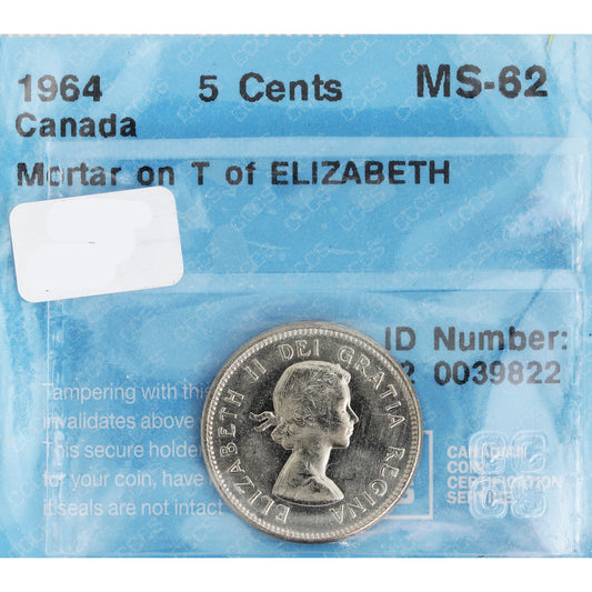 1964 Mortar on T of Elizabeth Canada 5-cents CCCS Cert. MS62