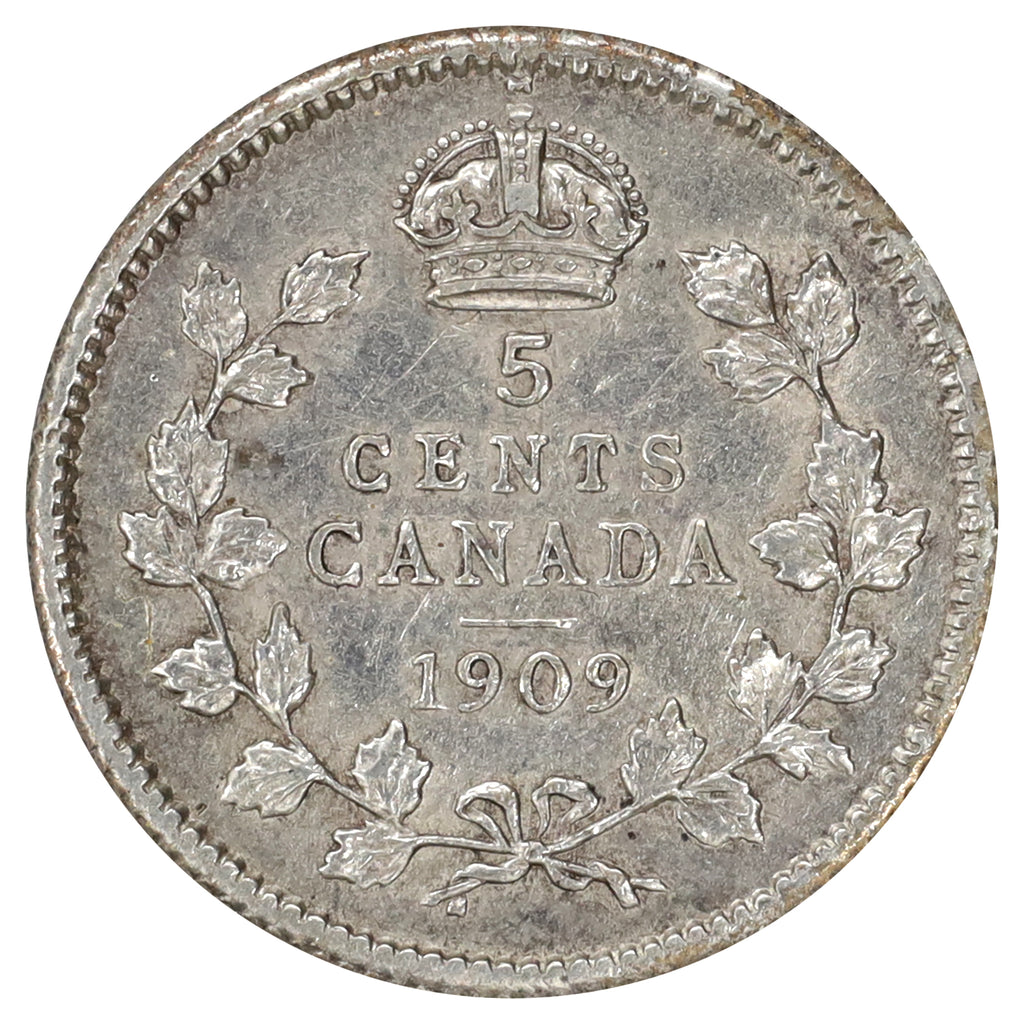 1909 Round Leaves Canada 5-cents EF-AU (EF45) Scratched, marks, or impaired