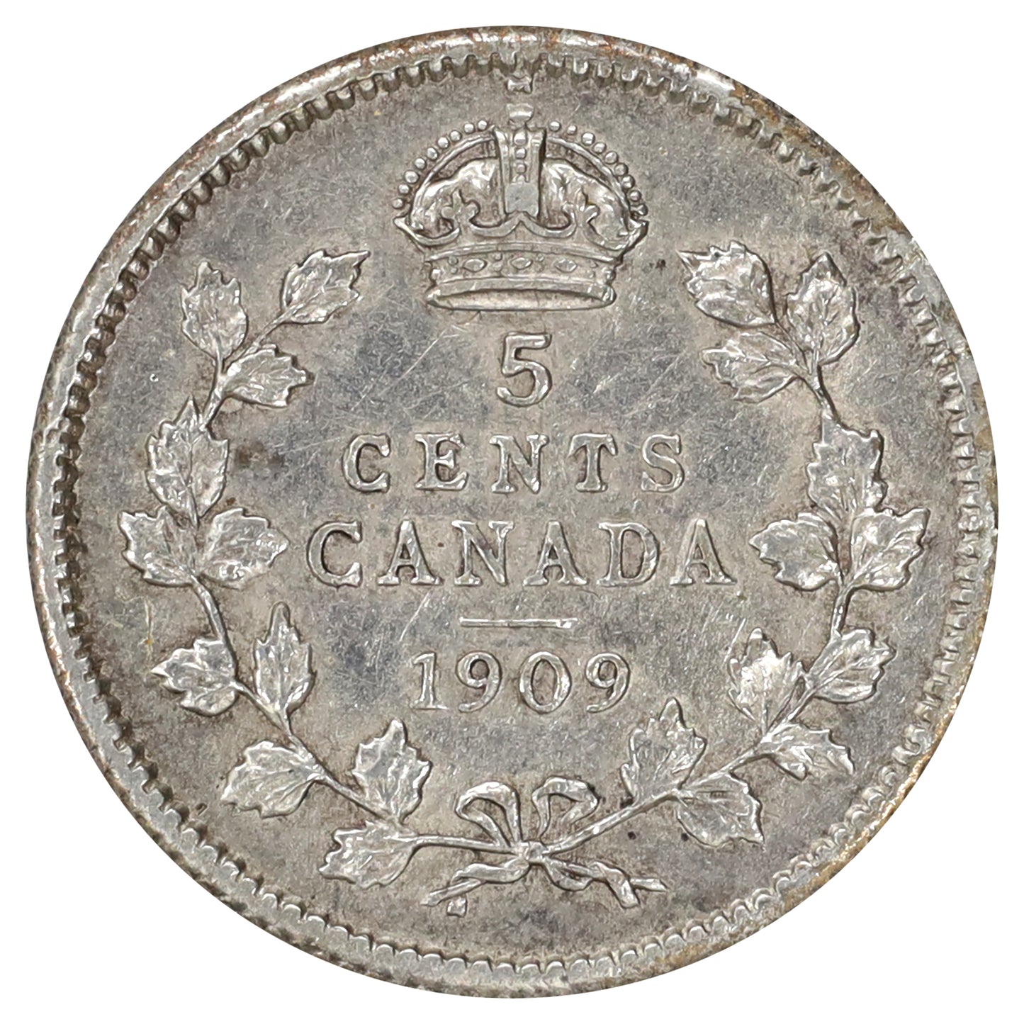 1909 Round Leaves Canada 5-cents EF-AU (EF45) Scratched, marks, or impaired