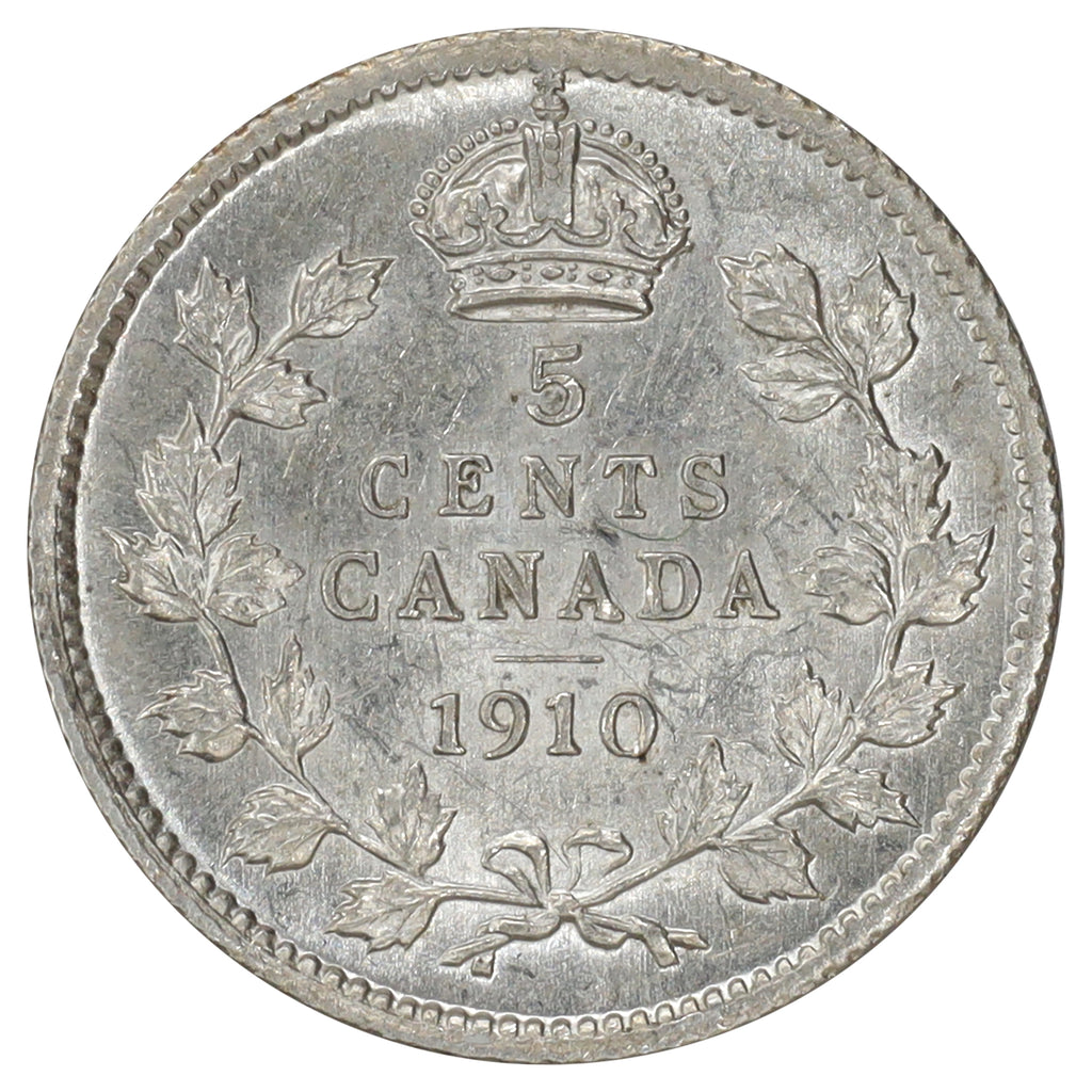 1910 Pointed Leaves Canada 5-cents AU-UNC (AU55) Scratched, marks, or impaired