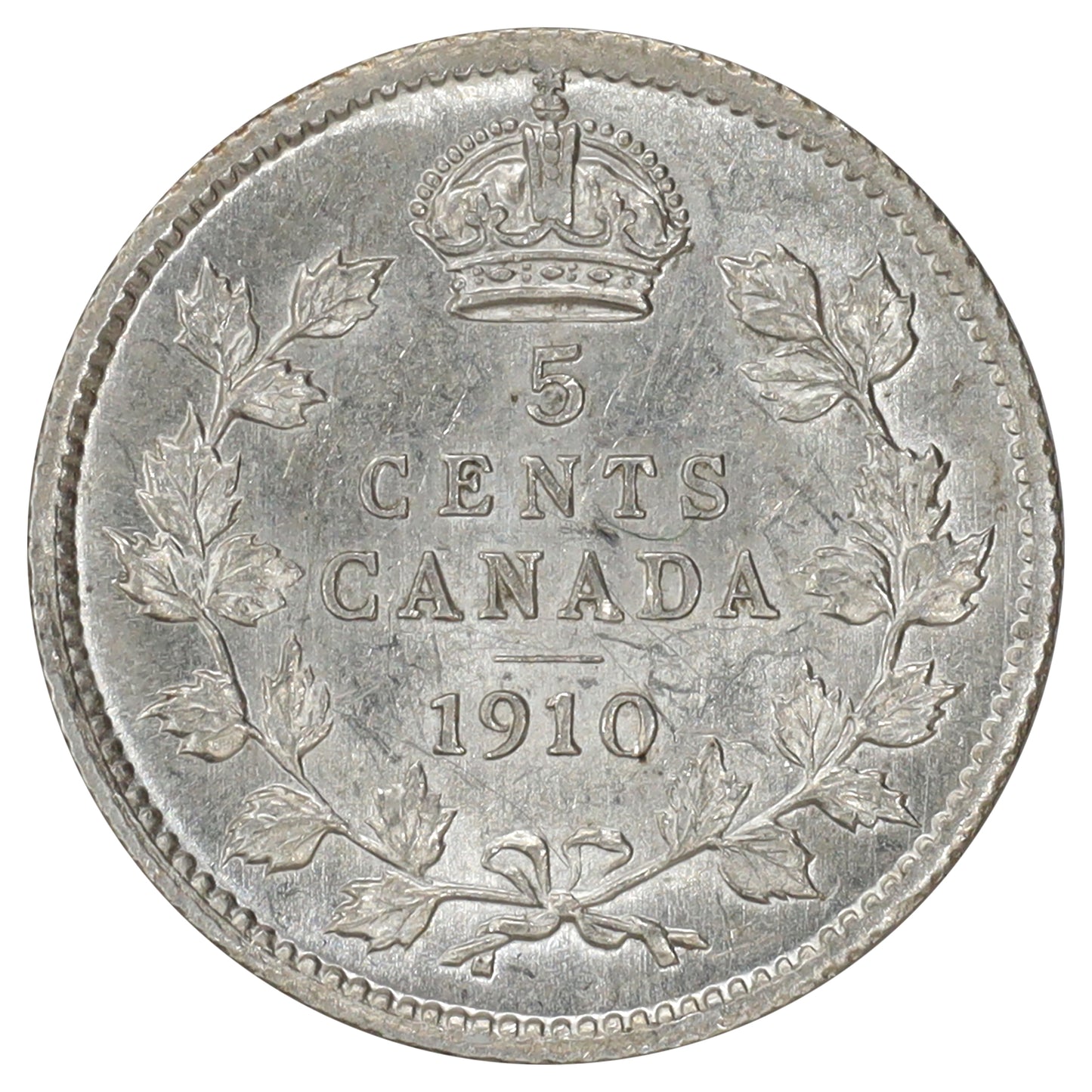 1910 Pointed Leaves Canada 5-cents AU-UNC (AU55) Scratched, marks, or impaired