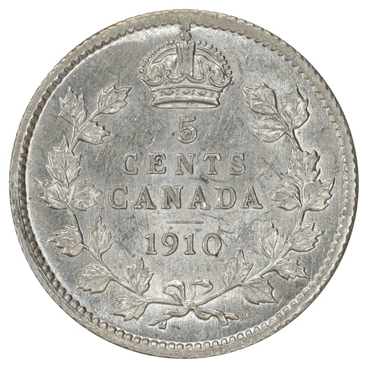 1910 Pointed Leaves Canada 5-cents AU-UNC (AU55) Scratched, marks, or impaired