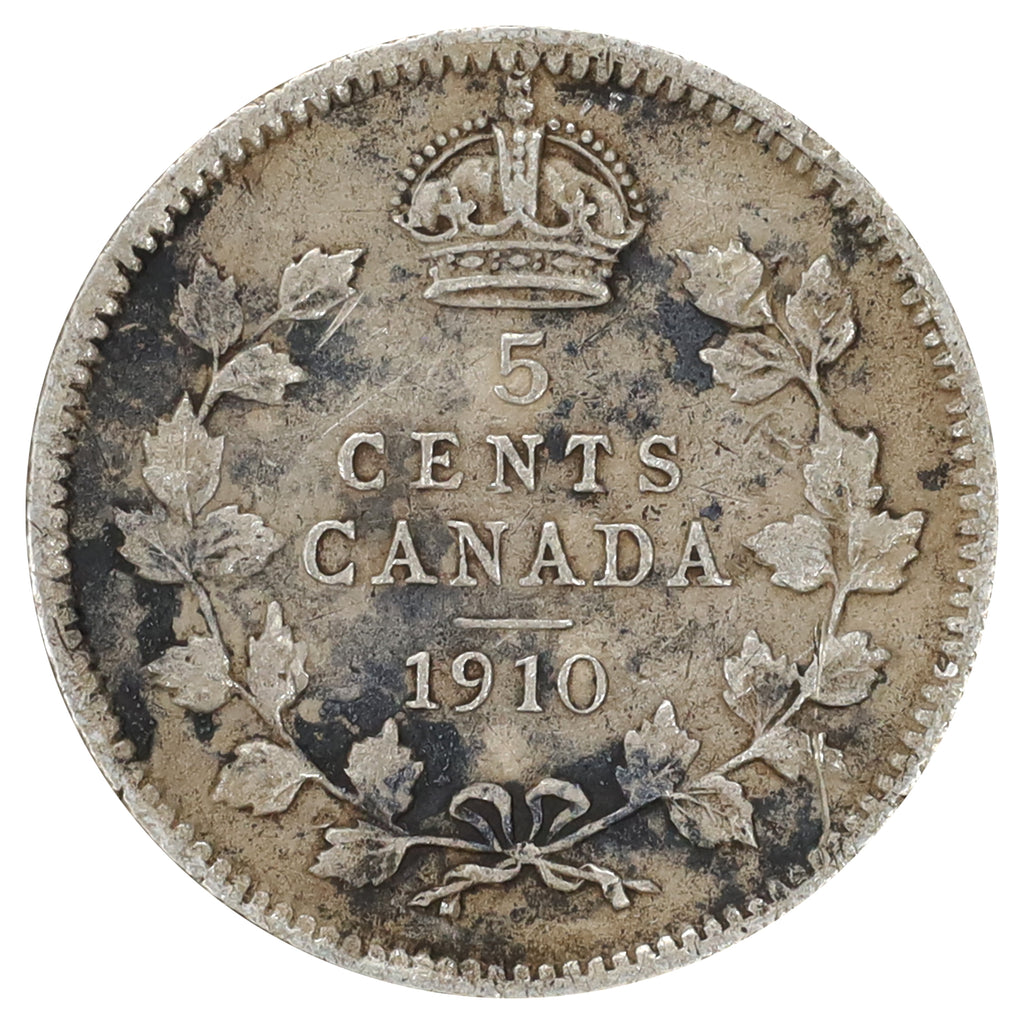 1910 Round Leaves Canada 5-cents F-VF (F15) Scratched, marks, or impaired