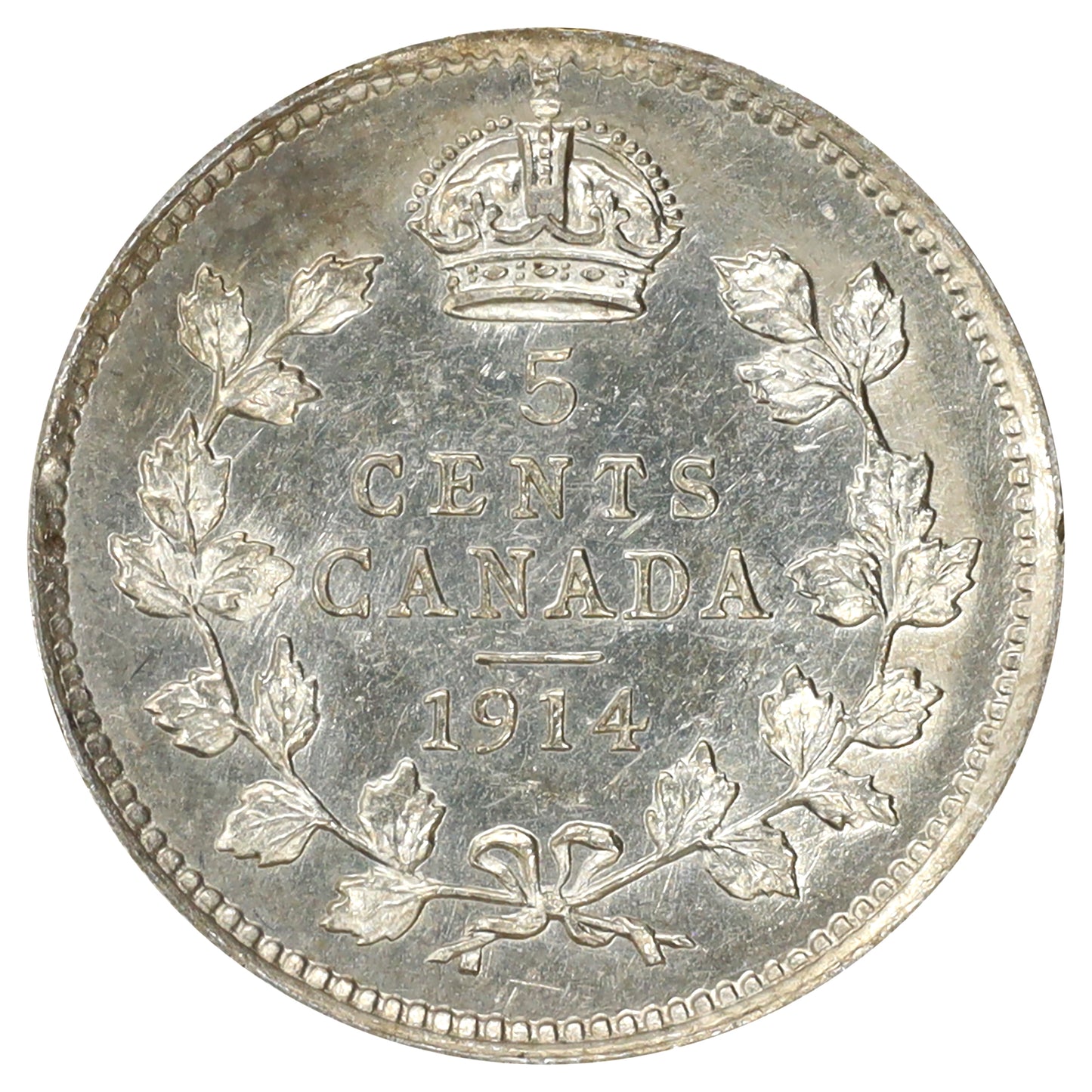 1914 Canada 5-cents Almost Uncirculated (AU50) Scratched, marks, or impaired
