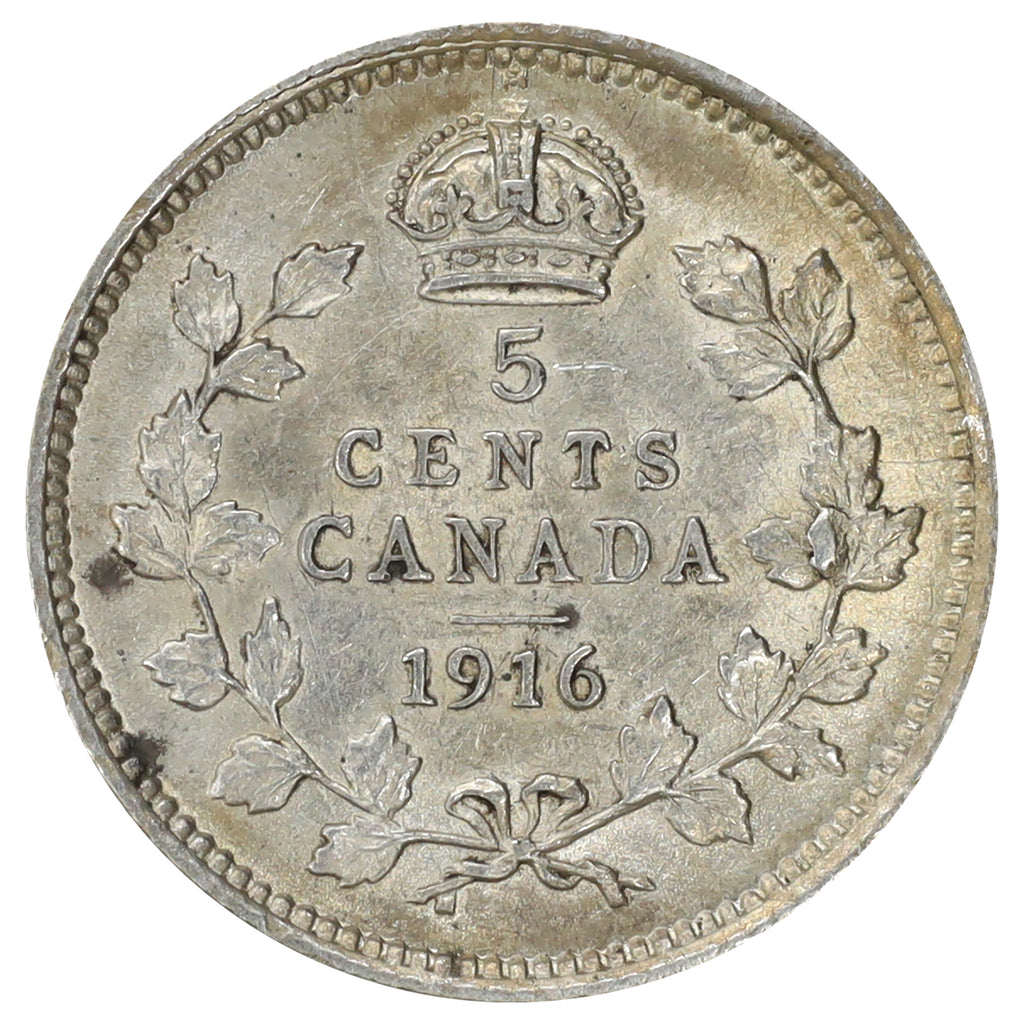 1916 Canada 5-cents Almost Uncirculated (AU50) Scratched, marks, or impaired