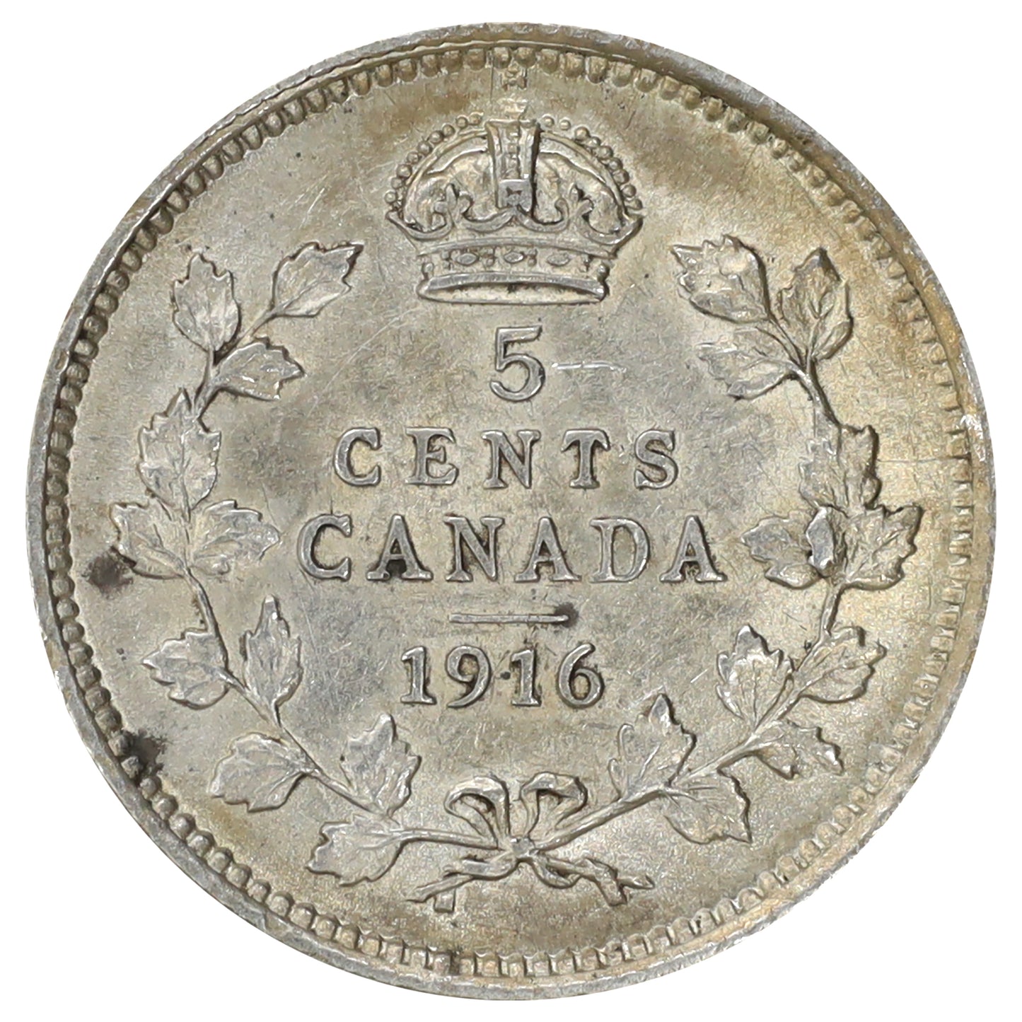 1916 Canada 5-cents Almost Uncirculated (AU50) Scratched, marks, or impaired
