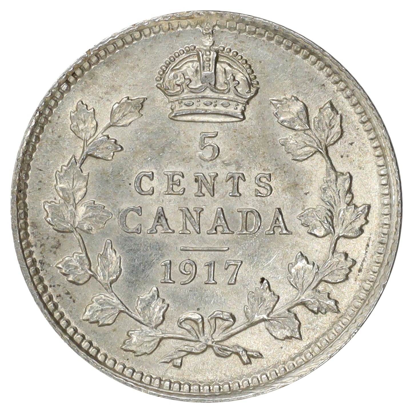 1917 Canada 5-cents Almost Uncirculated (AU50) Scratched, marks, or impaired