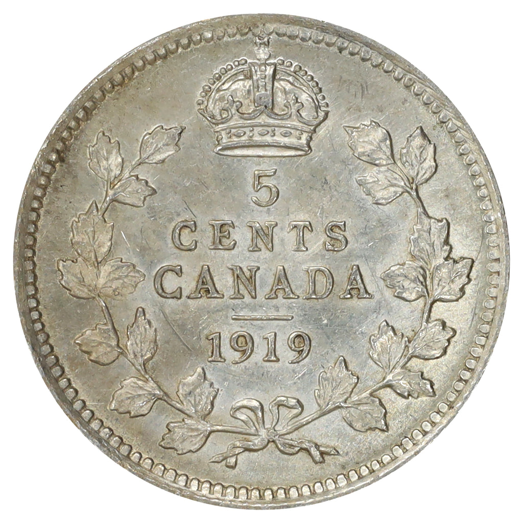 1919 Canada 5-cents Almost Uncirculated (AU50) Scratched, marks, or impaired