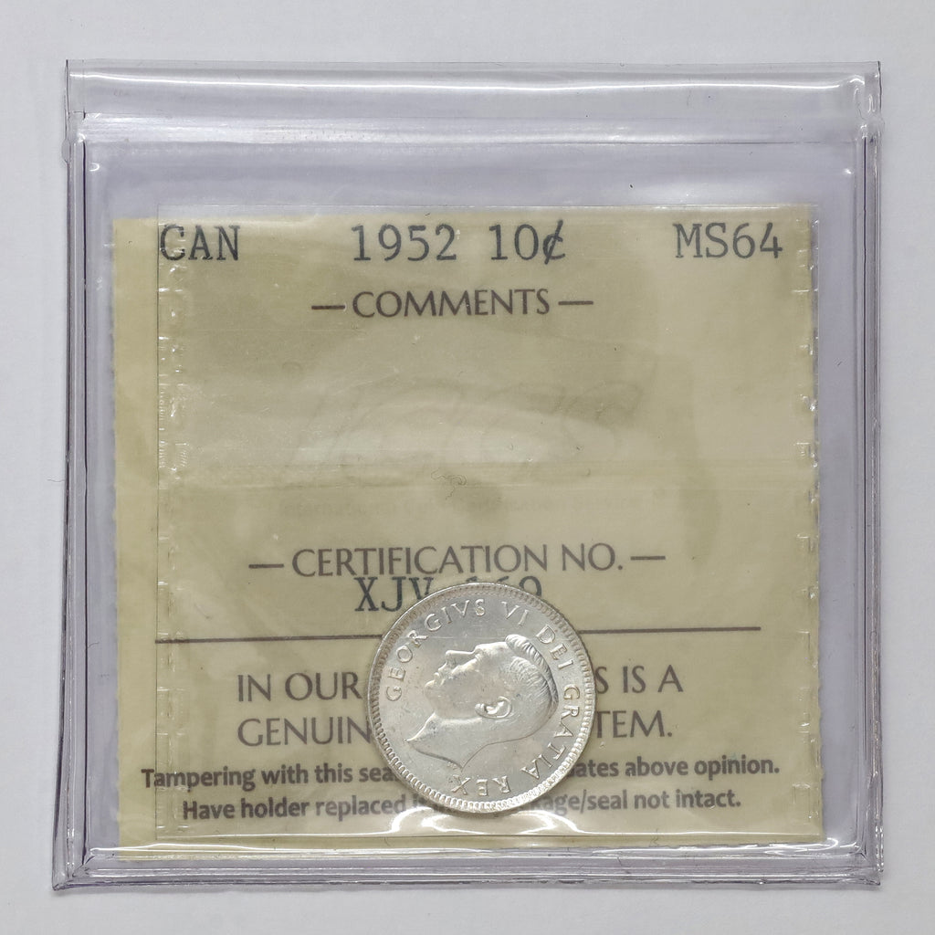 1952 Canada 10-cents ICCS Certified MS64 (toned)