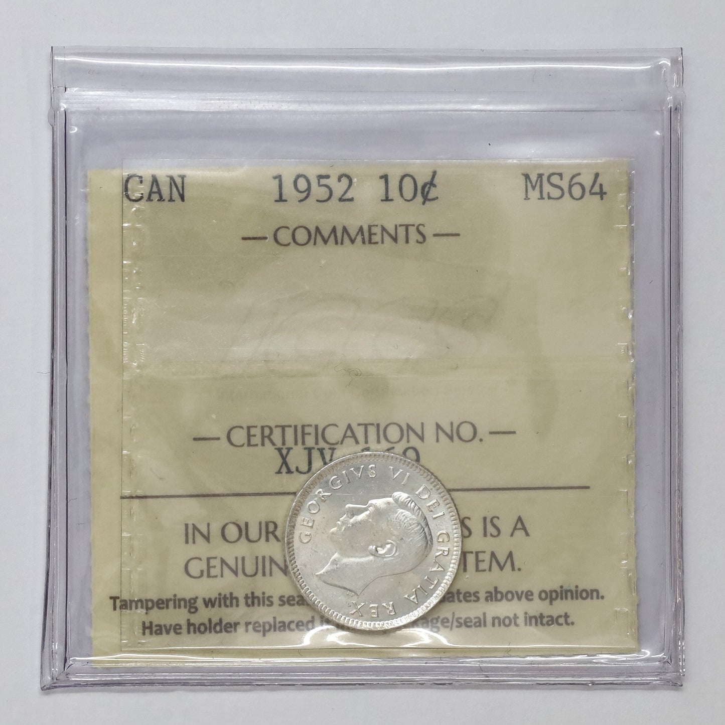 1952 Canada 10-cents ICCS Certified MS64 (toned)