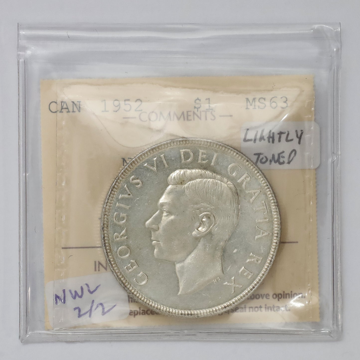 1952 NWL 2/2 Canada Dollar ICCS Certified MS63 (lightly toned)