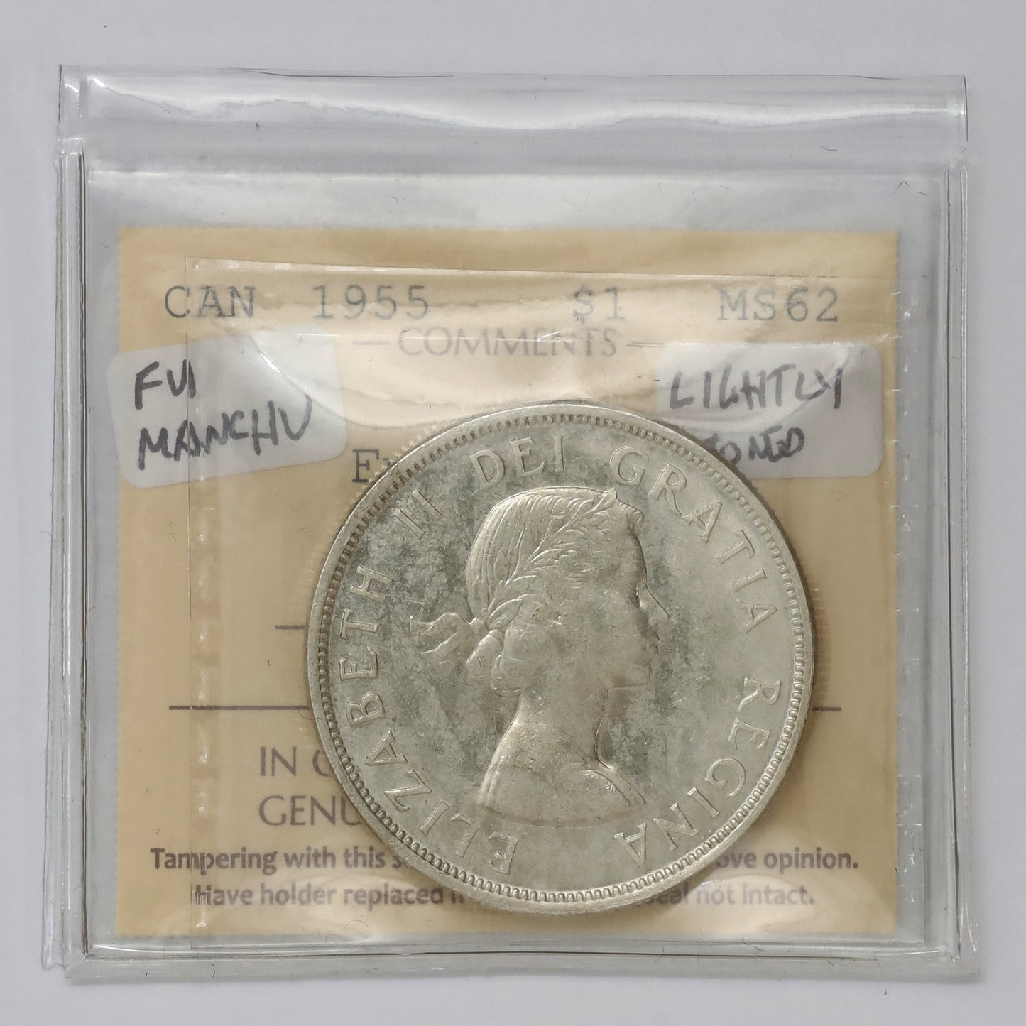 1955 Fu Manchu Canada Dollar ICCS Certified MS62 (lightly toned)