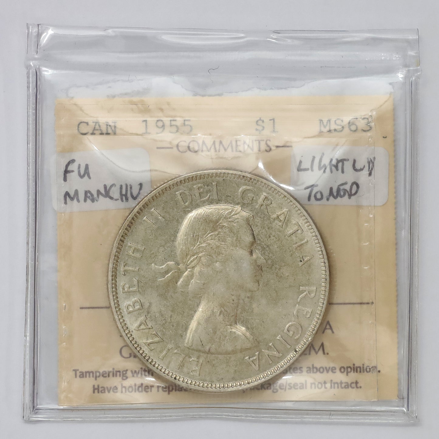 1955 Fu Manchu Canada Dollar ICCS Certified MS63 (lightly toned)
