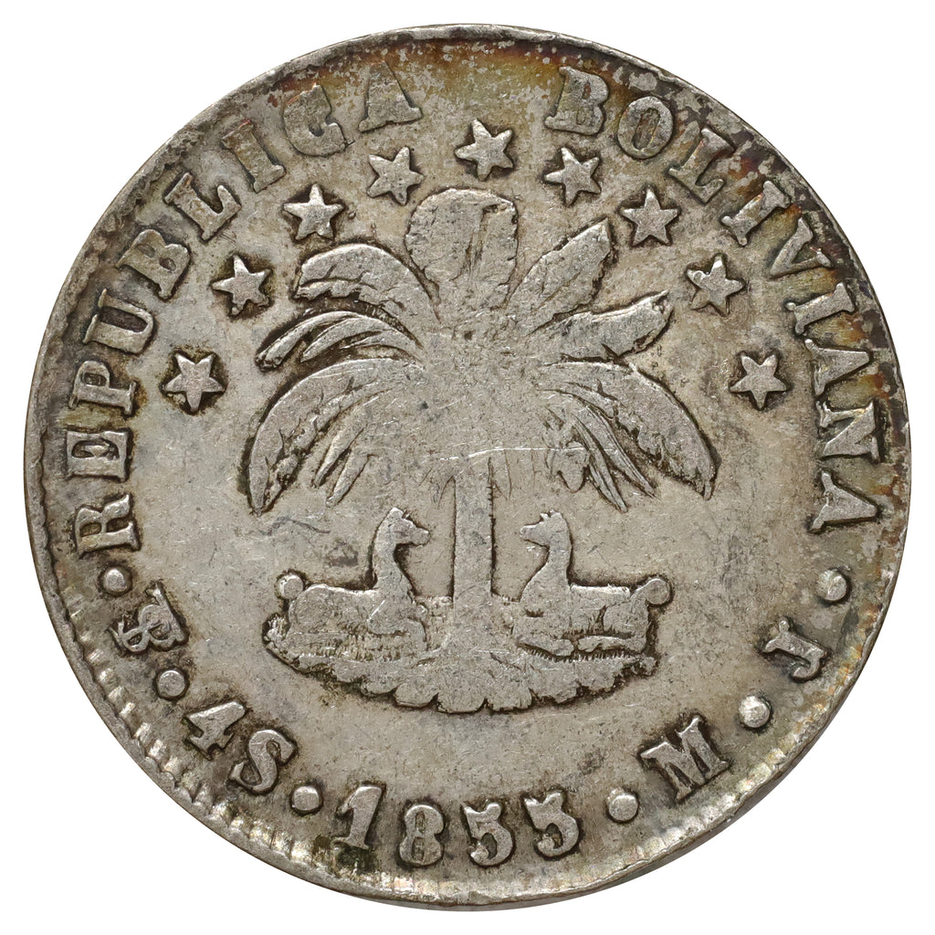 Bolivia 1855 4 Soles Extra Fine (EF40) rim bump